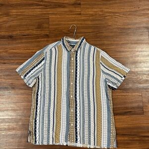 Perry Ellis Men's Blue and Tan Striped Button Down Shirt